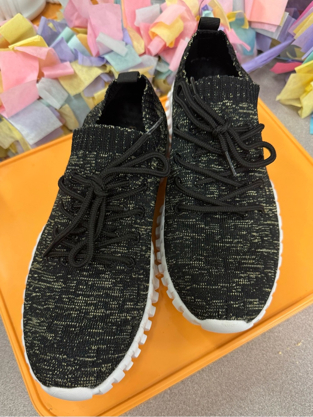 Bernie Mev GRAVITY Black and Gold Knit Lace-Up Sneakers with Flecked Detail